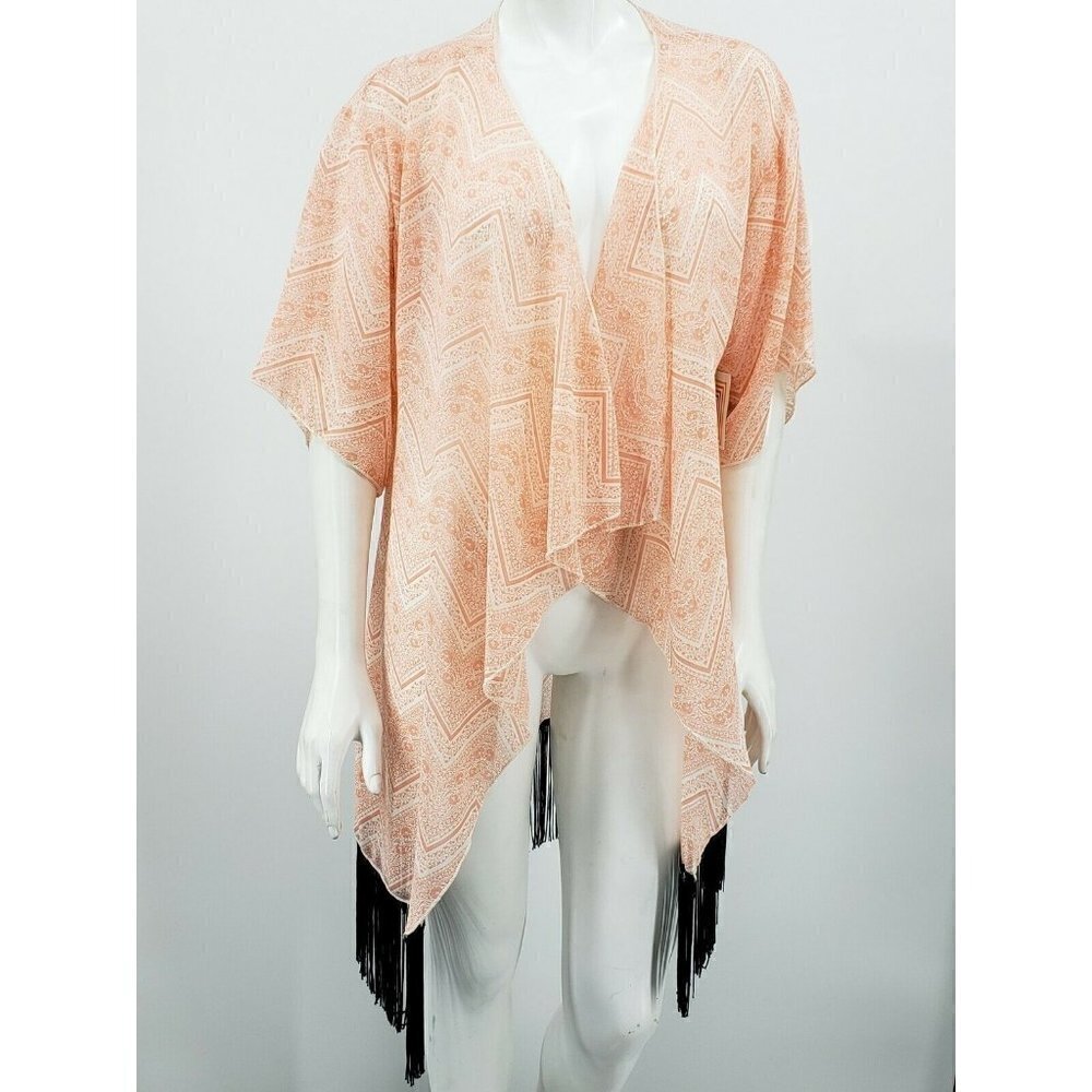 New Lularoe Monroe Kimono Womens Small Peach Floral Chevron Cover Up Fringe